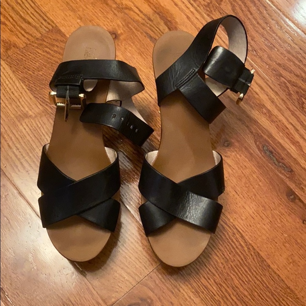 MICHAEL Michael Kors Black Leather Crisscross Wedge Sandals